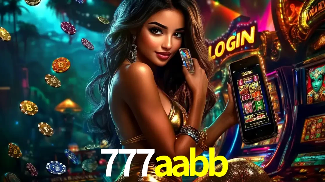 Mulher em um cenário de cassino temático de aventura, mostrando o app de caça-níqueis da 777aabb no celular. Fichas de apostas flutuam ao redor.