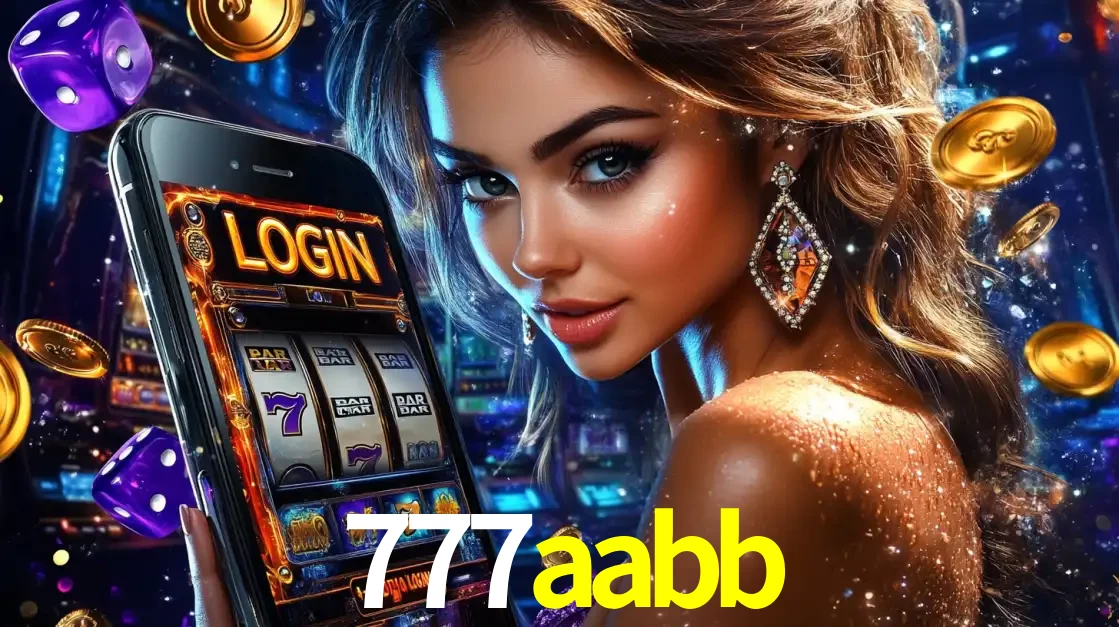 Mulher glamorosa segurando um smartphone com a tela de login para os jogos de caça-níqueis do cassino online 777aabb, com moedas de ouro e dados ao redor.