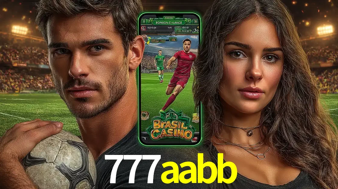 Homem segurando uma bola de futebol e uma mulher ao lado de um smartphone exibindo o jogo de apostas esportivas da 777aabb. Faça seu palpite no cassino online.